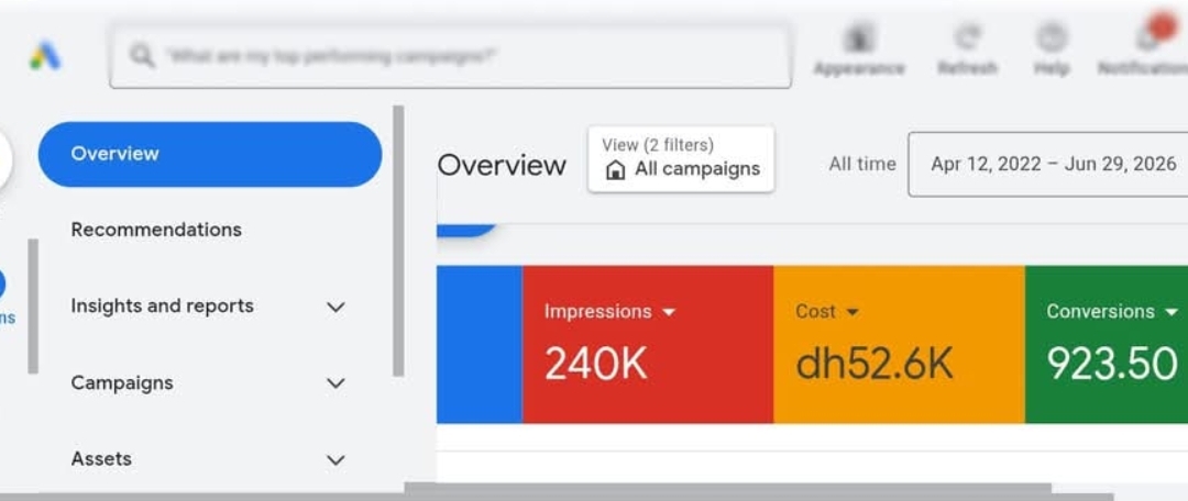 Google Ads UAE account overview — 240K impressions, dh52.6K spend, 923 conversions since 2022