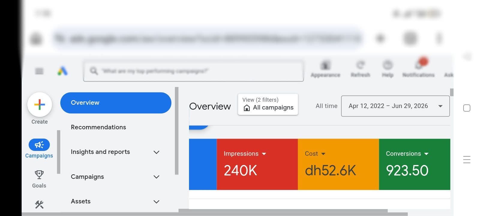 Google Ads UAE full account dashboard — all campaigns overview